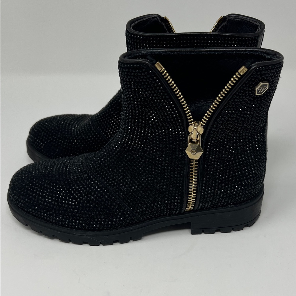 Black Studded Ankle Boots with Gold Zipper